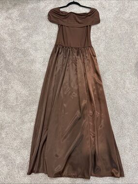 Revolve Off-Shoulder Brown Satin Maxi Dress